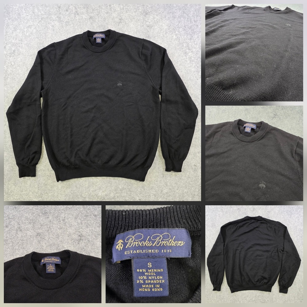 VTG Brooks Brothers Sweater Mens Small‎ Black Merino Wool Crewneck Knit Pullover